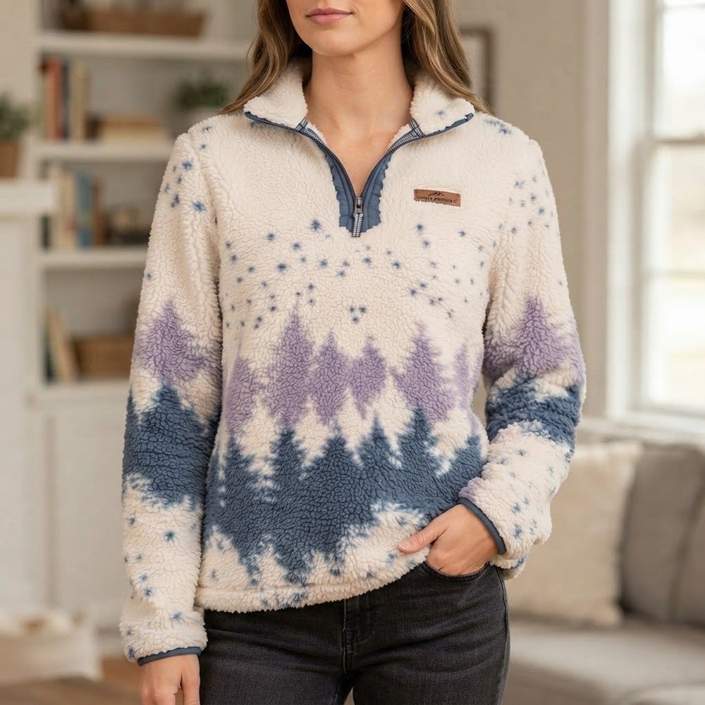 Cozy Simply Southern Women Sherpa Fleece Quarter Zip  Mountain Print Preppy Med
